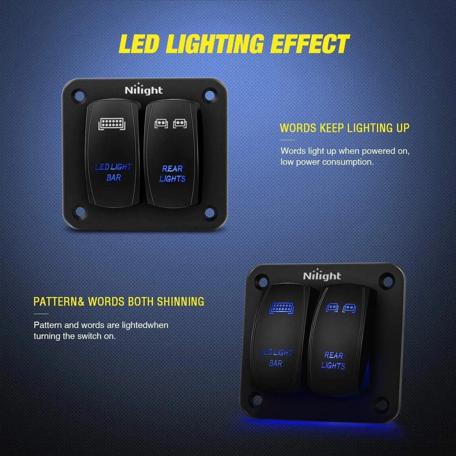2Gang Led Light Bar and Rear Lights 5Pin ON/Off Rocker Switch Panel Blue
