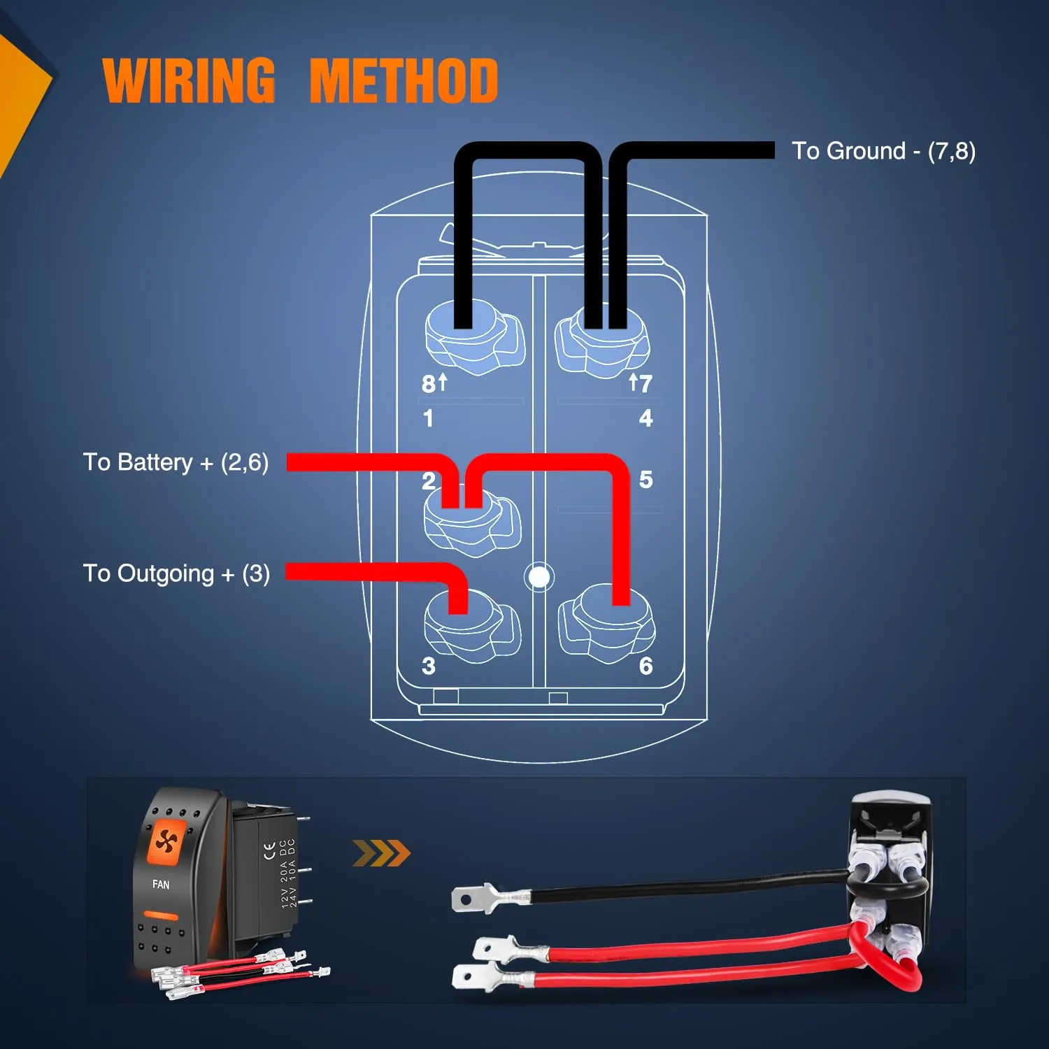 5Pin SPST On/Off UTV Fan Rocker Switch Orange Backlit