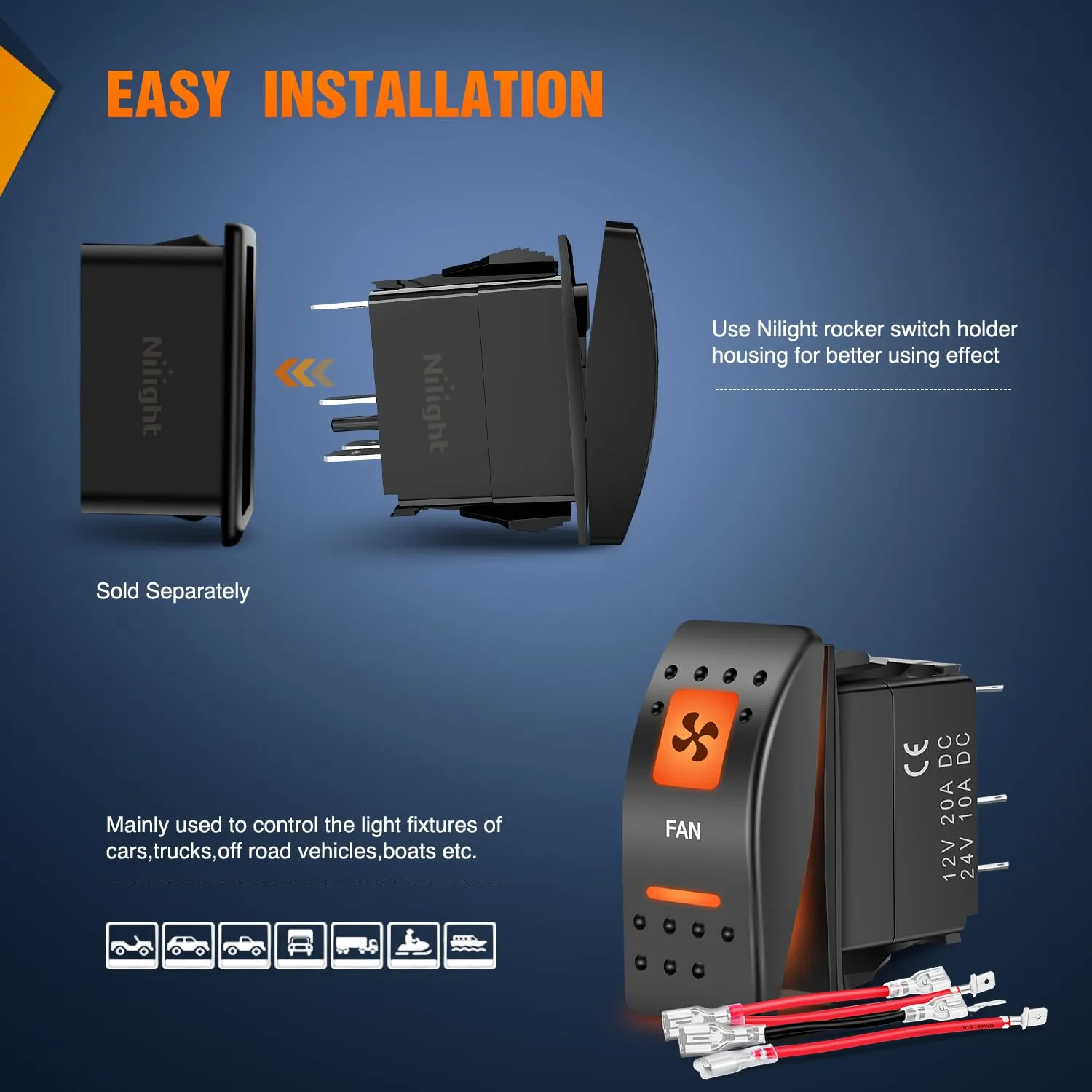 5Pin SPST On/Off UTV Fan Rocker Switch Orange Backlit