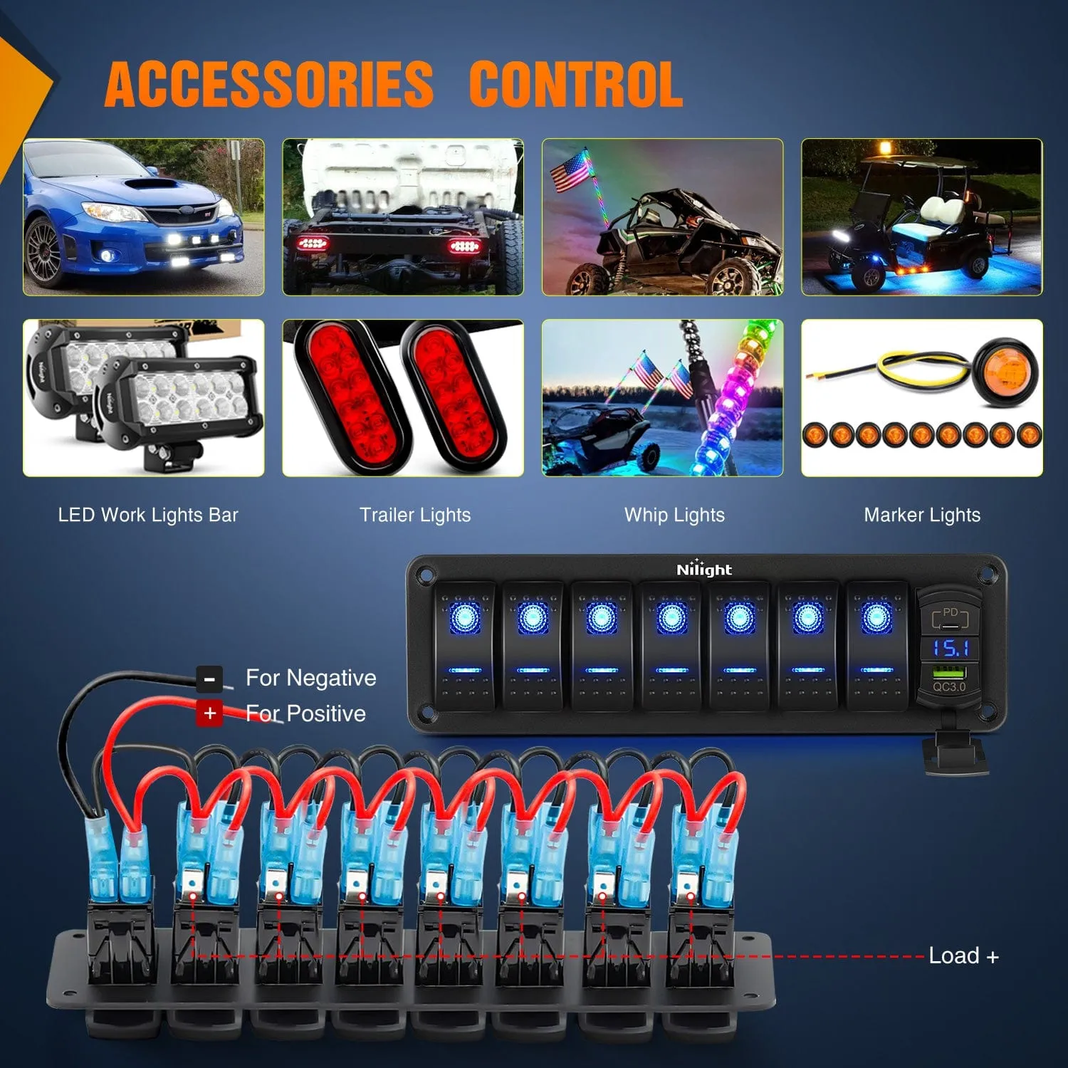 7 Gang Switch Panel With QC3.0 & PD Charger And Voltmerter with Blue Backlit
