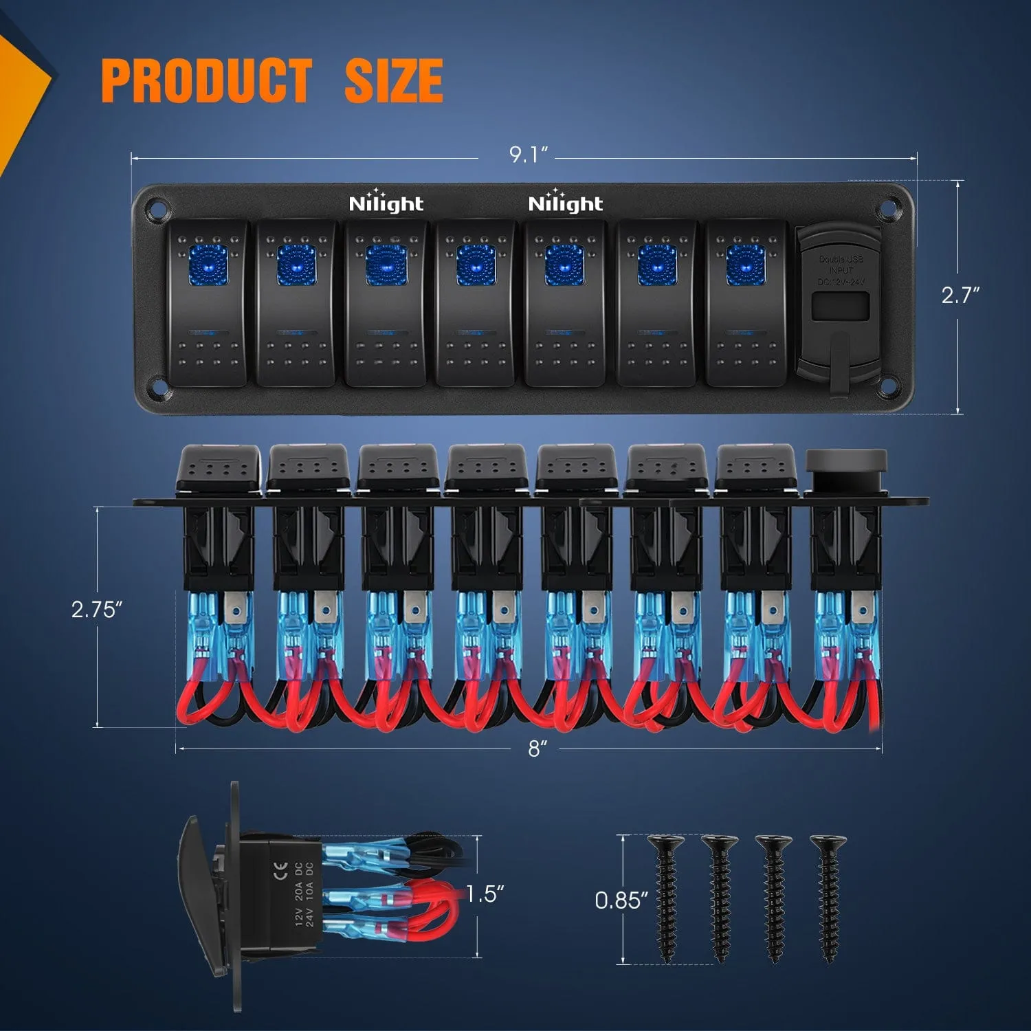 7 Gang Switch Panel With QC3.0 & PD Charger And Voltmerter with Blue Backlit