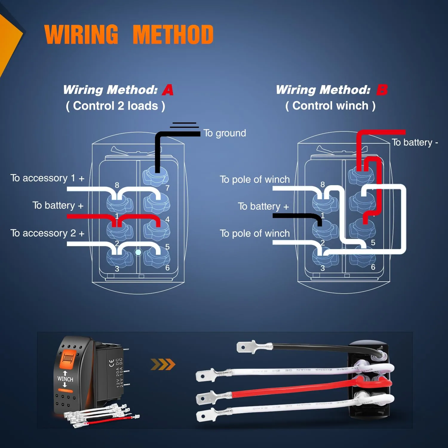 7Pin DPDT On/Off UTV Winch Momentary Rocker Switch Orange Backlit