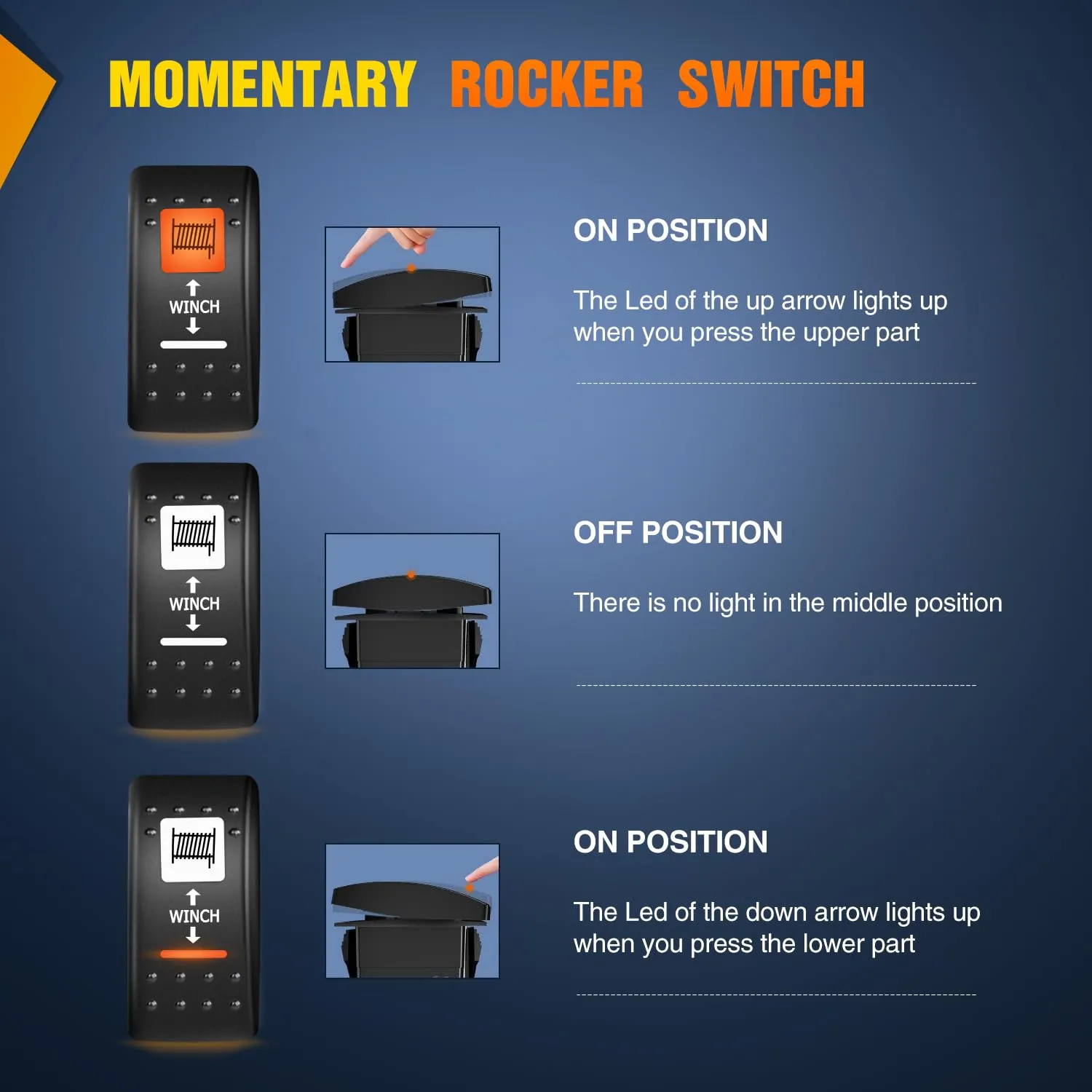 7Pin DPDT On/Off UTV Winch Momentary Rocker Switch Orange Backlit
