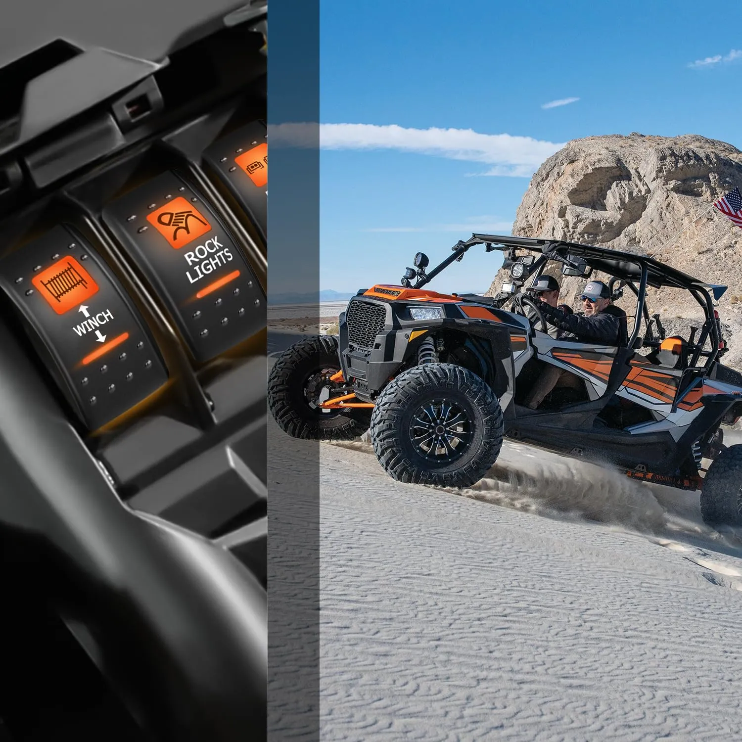 7Pin DPDT On/Off UTV Winch Momentary Rocker Switch Orange Backlit