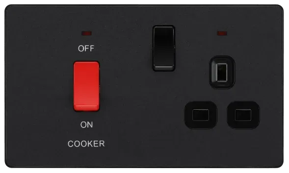 BG Evolve Matt Black Screwless 45A DP Cooker Unit   Socket   Neon PCDMB70B