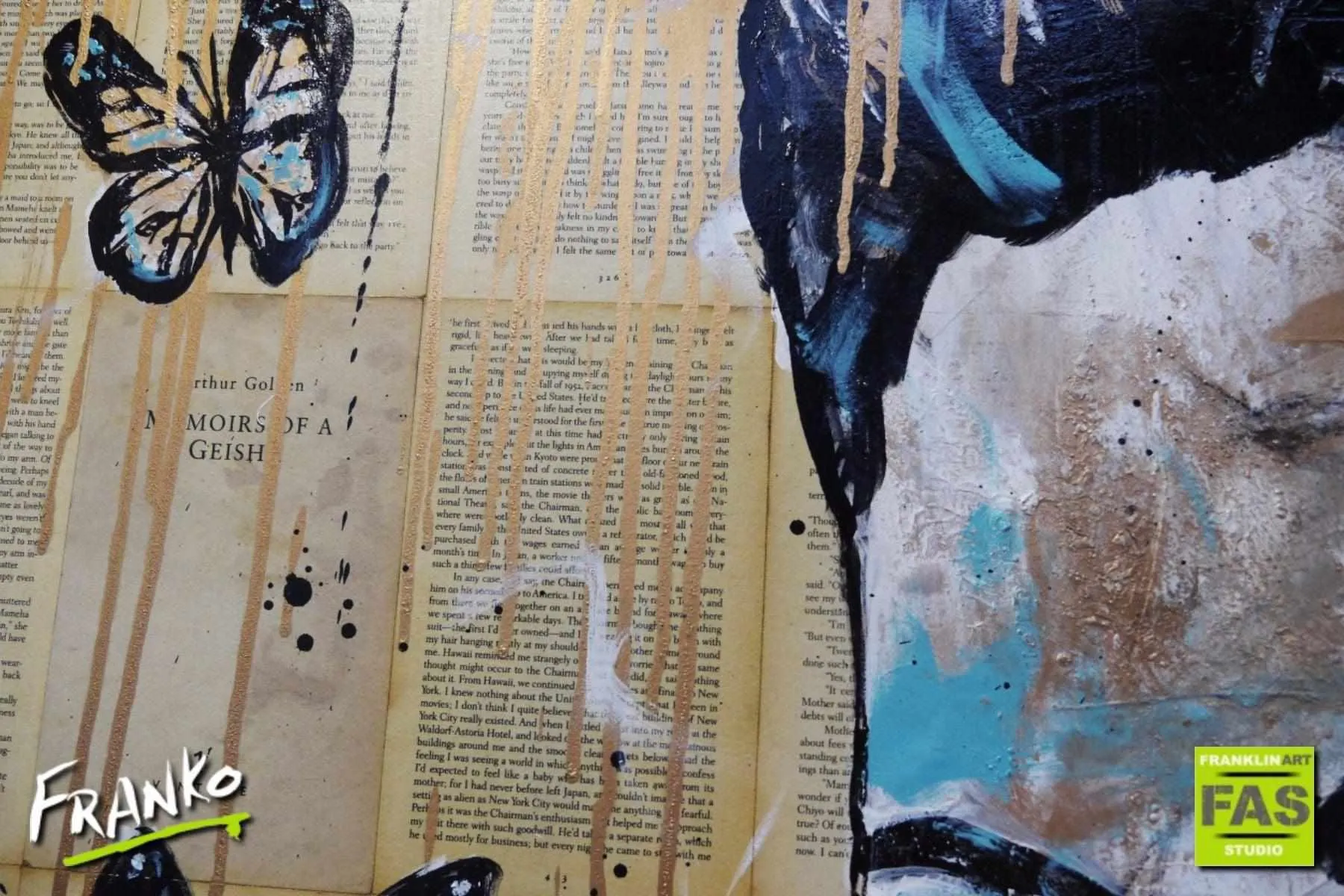 Butterflies Blue 140cm x 100cm Geisha Butterflies Vintage Book Pop art Painting (SOLD)