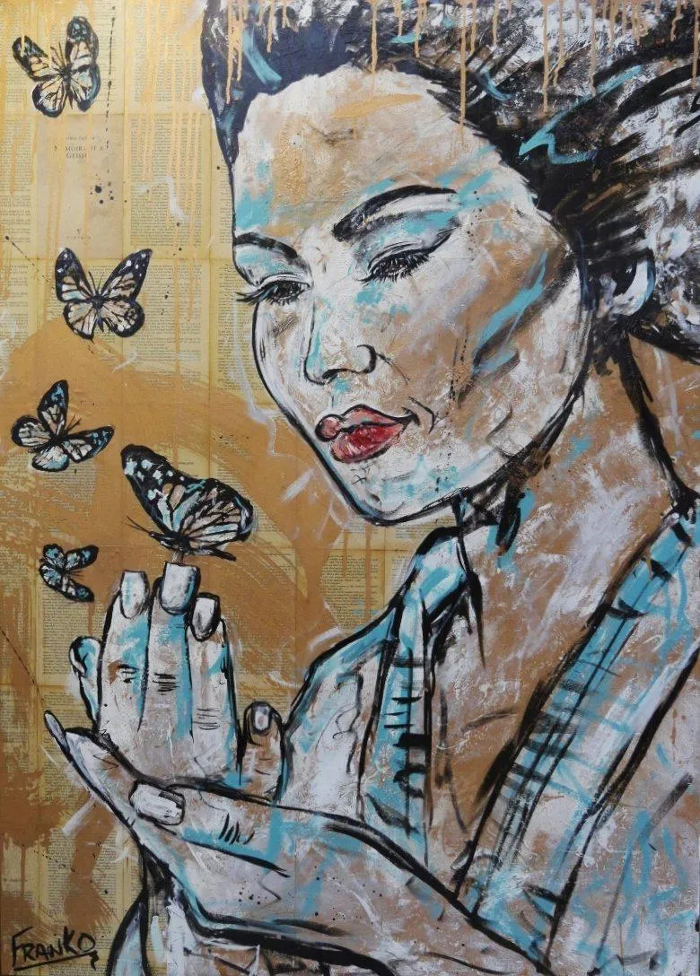 Butterflies Blue 140cm x 100cm Geisha Butterflies Vintage Book Pop art Painting (SOLD)