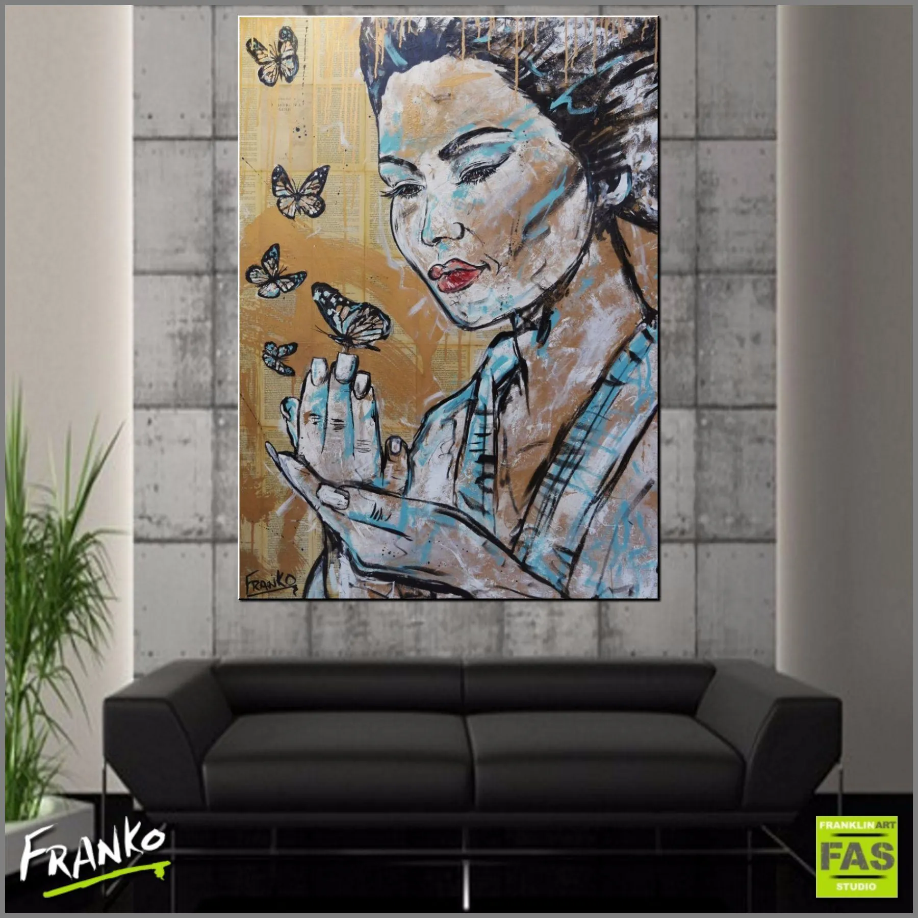 Butterflies Blue 140cm x 100cm Geisha Butterflies Vintage Book Pop art Painting (SOLD)