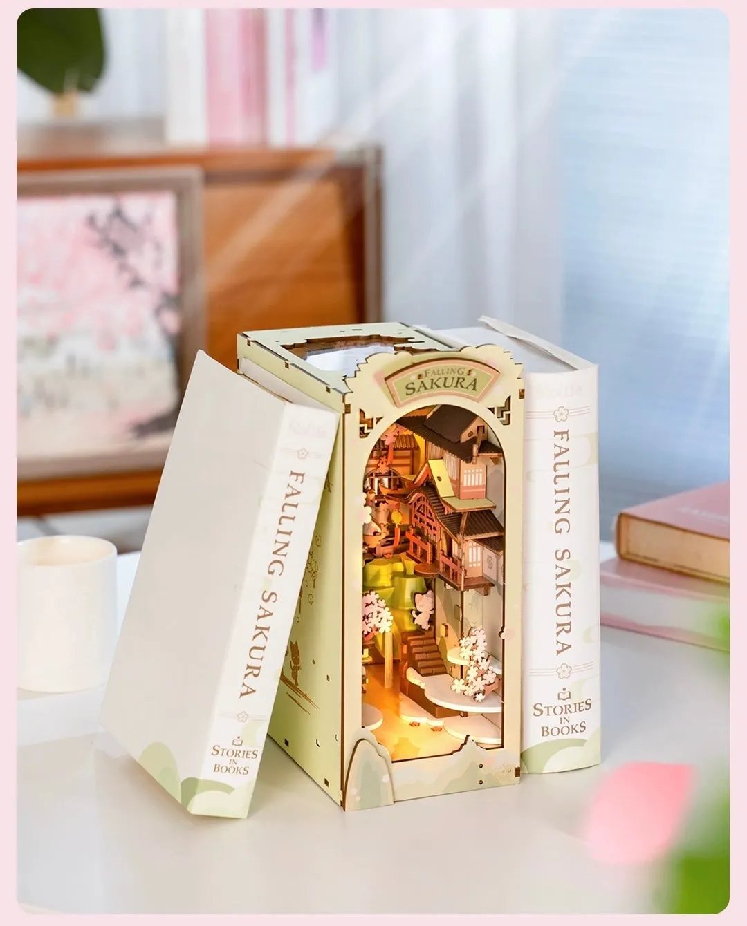 Craft Kits Wooden Booknook & Wonderland | Falling Sakura - DIY Handmade Mini World Miniature Gift with LED Light