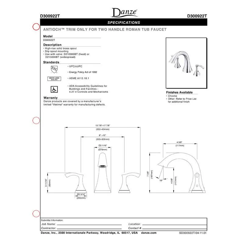Danze Antioch Chrome Finish High Volume Roman tub Filler Faucet INCLUDES Rough-in Valve