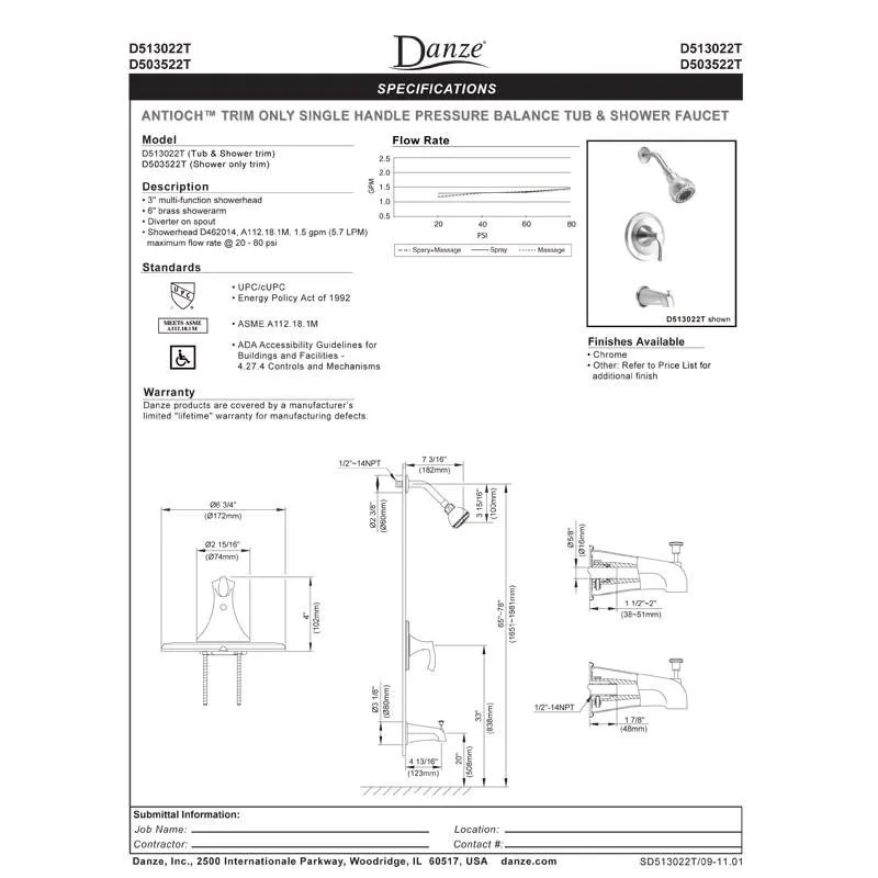 Danze Antioch Chrome Single Handle Pressure Balance Shower Only Faucet INCLUDES Rough-in Valve