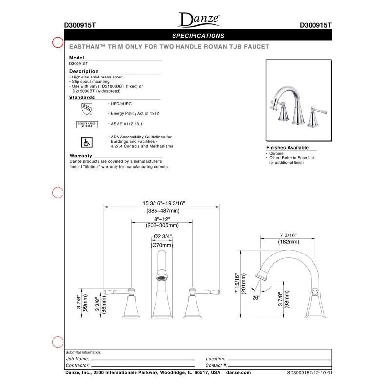 Danze Eastham Tumbled Bronze 2 Handle Roman Tub Filler Faucet INCLUDES Rough-in Valve