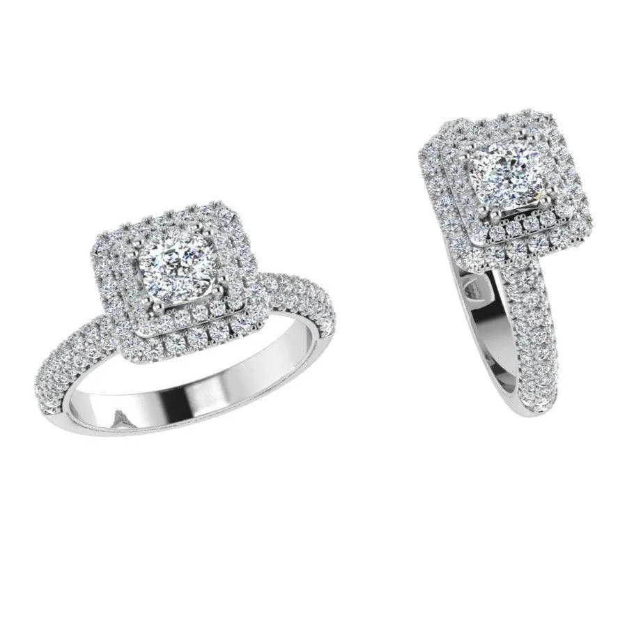 Double Halo Three Row Diamonds Ring