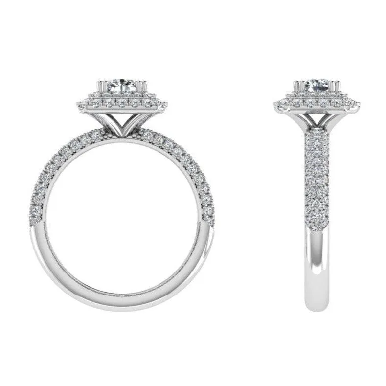 Double Halo Three Row Diamonds Ring