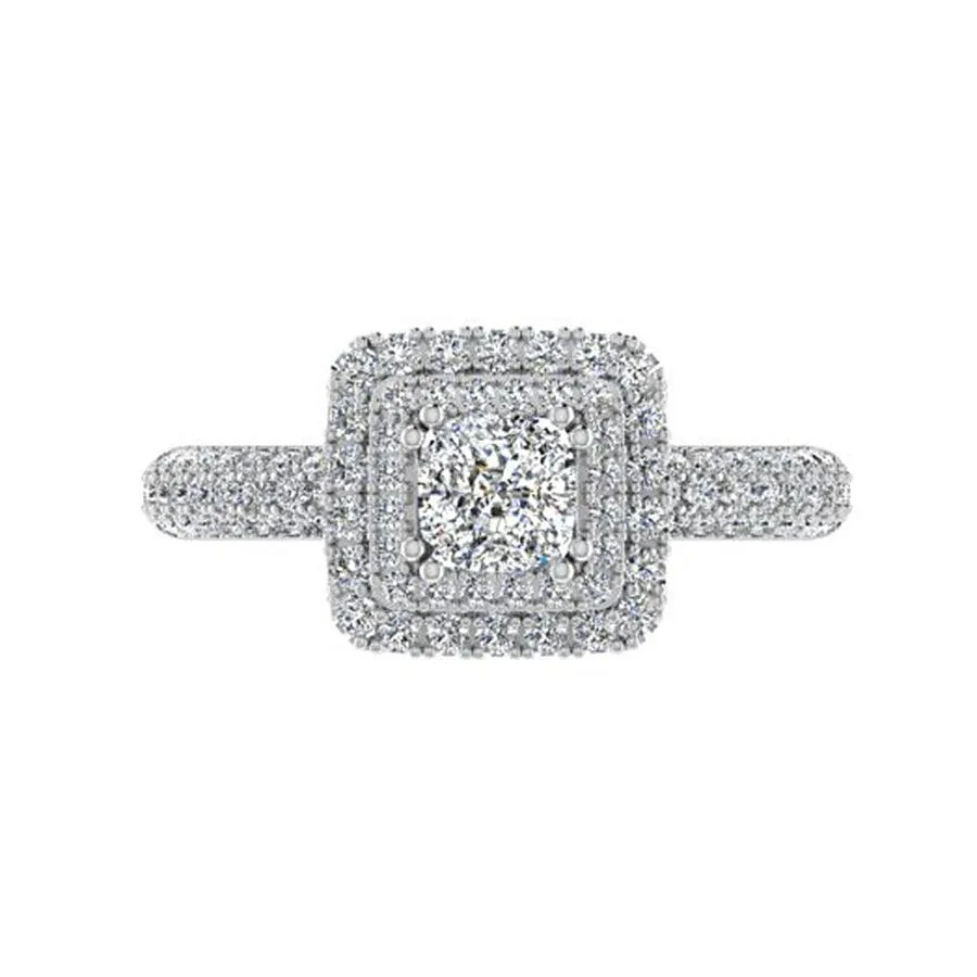 Double Halo Three Row Diamonds Ring