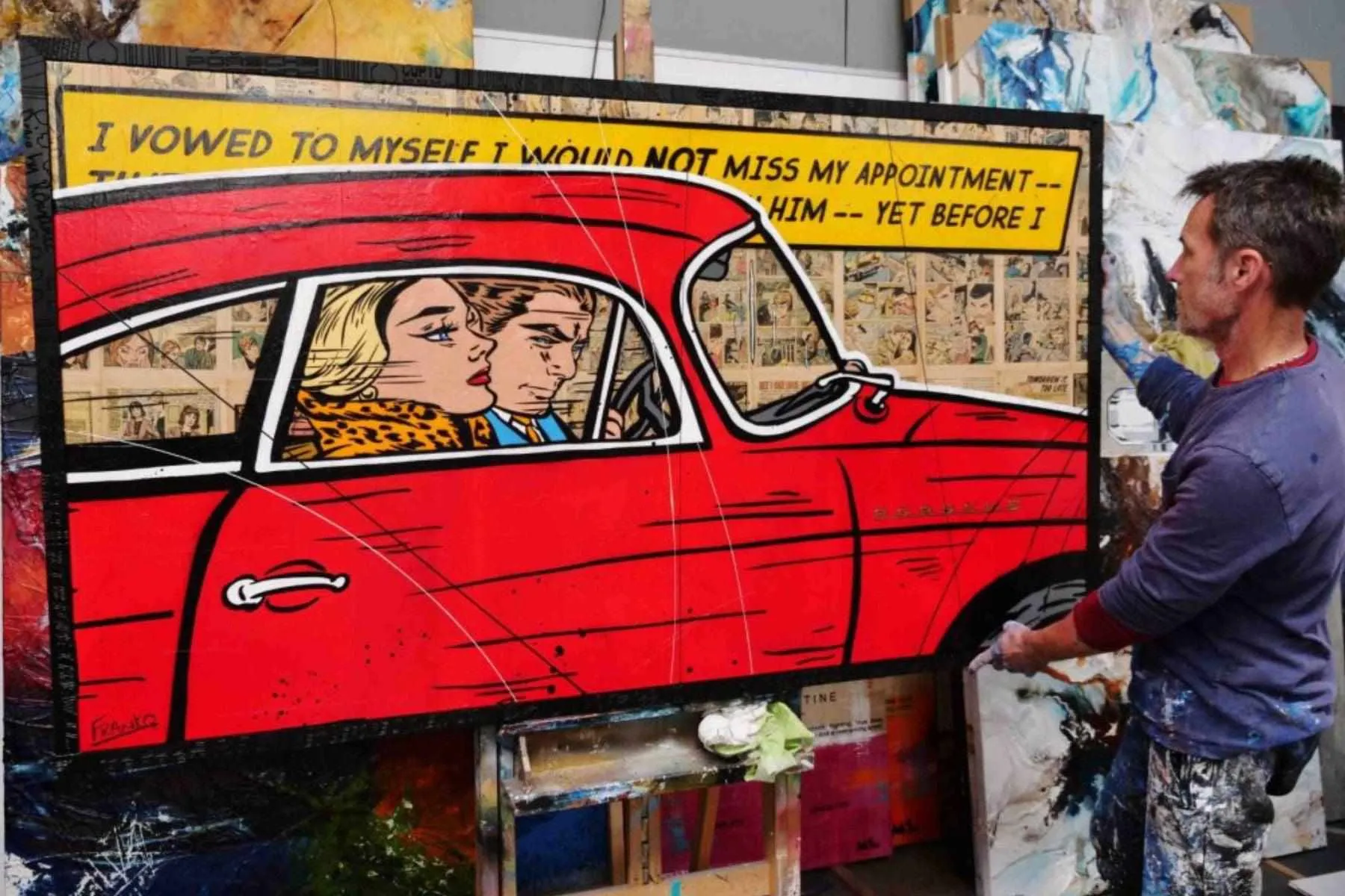 Drive By Romance 180cm x 100cm Porsche Comic Book Pages Urban Pop Art Painting With Custom Etched Frame (SOLD)