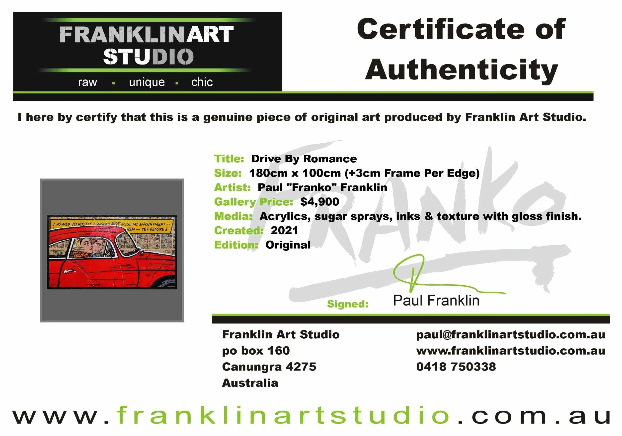 Drive By Romance 180cm x 100cm Porsche Comic Book Pages Urban Pop Art Painting With Custom Etched Frame (SOLD)