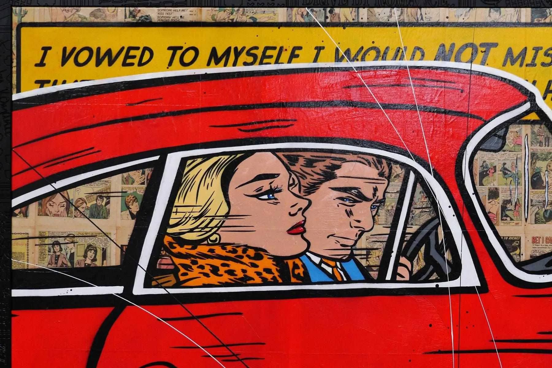 Drive By Romance 180cm x 100cm Porsche Comic Book Pages Urban Pop Art Painting With Custom Etched Frame (SOLD)