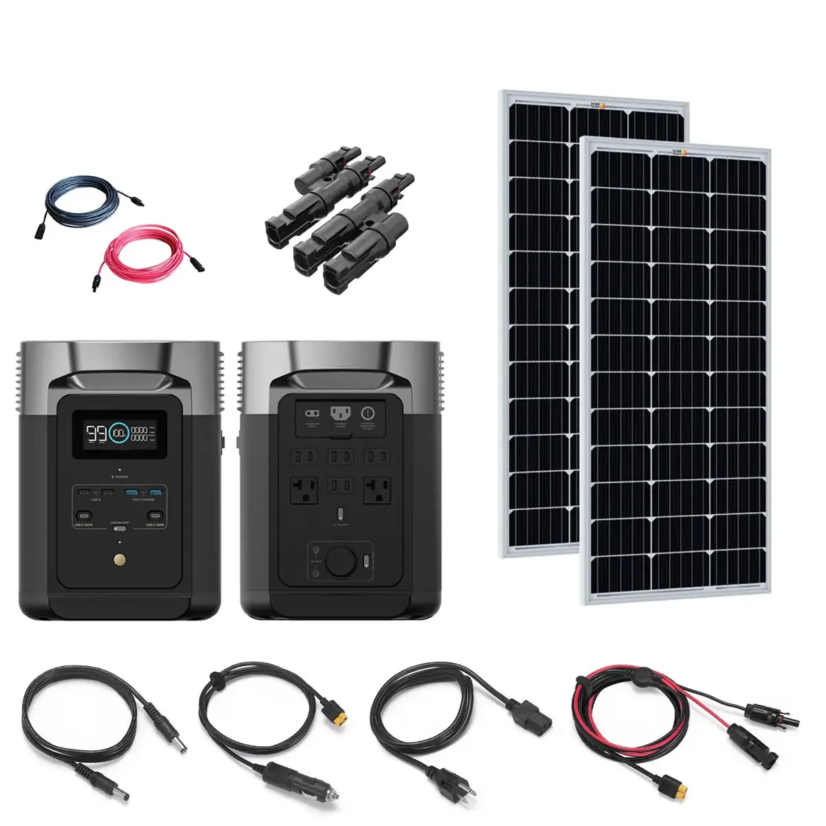 EcoFlow DELTA 2 1.8kW / 1,024Wh Power Station | 2 x 100W 12V Rigid Mono Solar Panels | Total Solar Kit