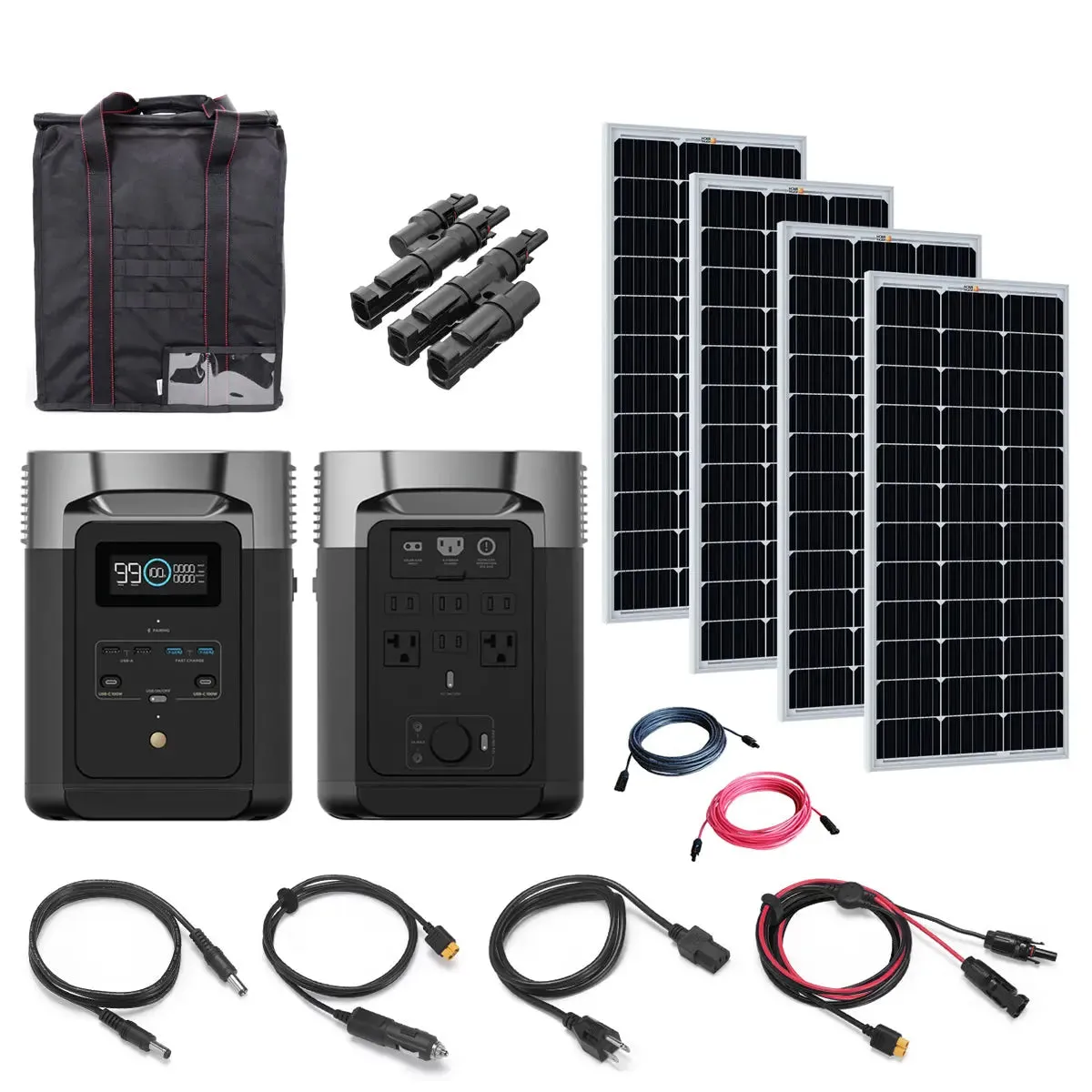 EcoFlow DELTA 2 1.8kW / 1,024wH Power Station   4 x 100W 12V Rigid Mono Solar Panels | Total Base Camp Solar Kit