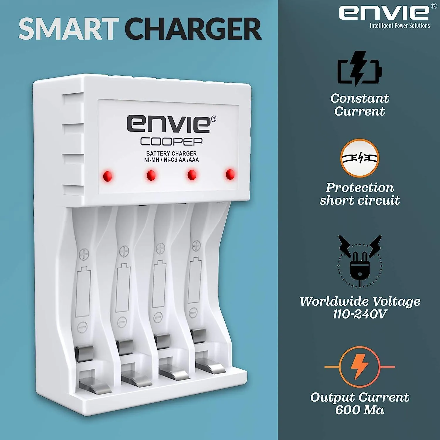 ENVIE (ECR 20 MC 4xAA1000) Standard Rechargeable Battery Charger for AA & AAA Ni-mh/Ni-Cd, LED Indicator, 600MA Output Current, with 4xAA1000 Rechargeable Batteries