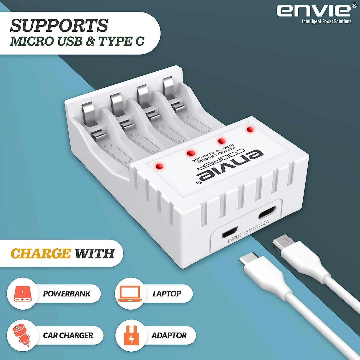 ENVIE (ECR 20 MC 4xAA1000) Standard Rechargeable Battery Charger for AA & AAA Ni-mh/Ni-Cd, LED Indicator, 600MA Output Current, with 4xAA1000 Rechargeable Batteries