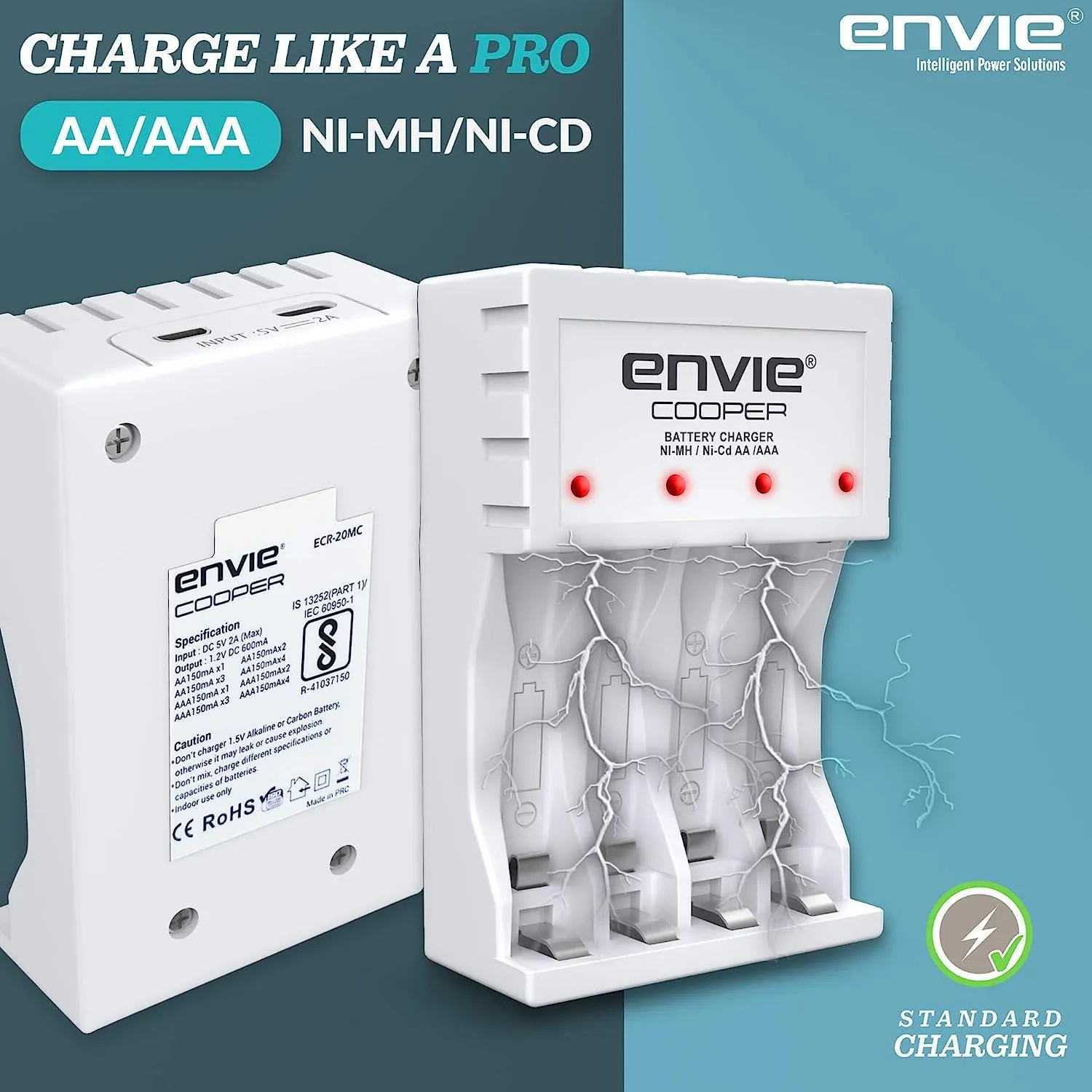 ENVIE (ECR 20 MC 4xAA1000) Standard Rechargeable Battery Charger for AA & AAA Ni-mh/Ni-Cd, LED Indicator, 600MA Output Current, with 4xAA1000 Rechargeable Batteries