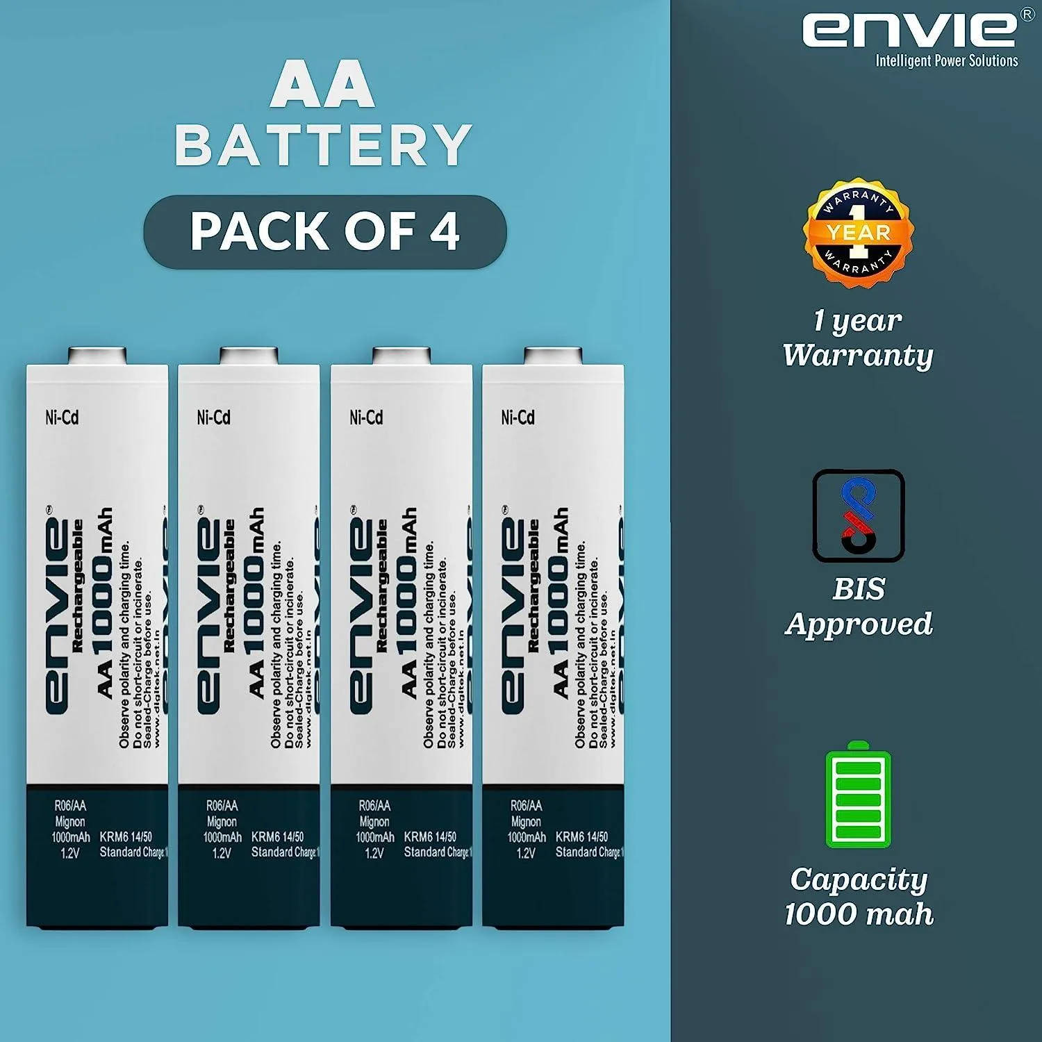 ENVIE (ECR 20 MC 4xAA1000) Standard Rechargeable Battery Charger for AA & AAA Ni-mh/Ni-Cd, LED Indicator, 600MA Output Current, with 4xAA1000 Rechargeable Batteries