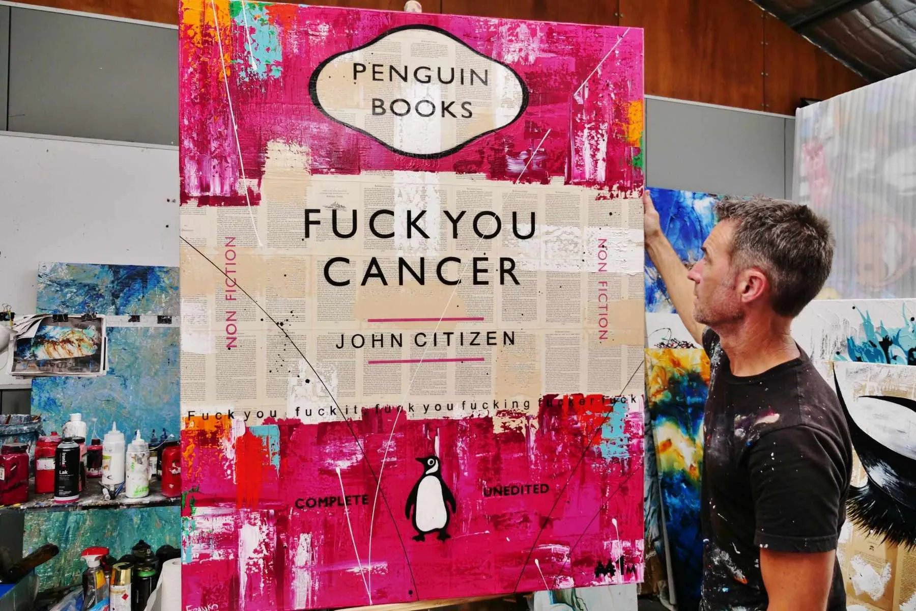 F.U. Cancer 120cm x 150cm Fuck You Cancer Urban Pop Book Club Painting (SOLD)