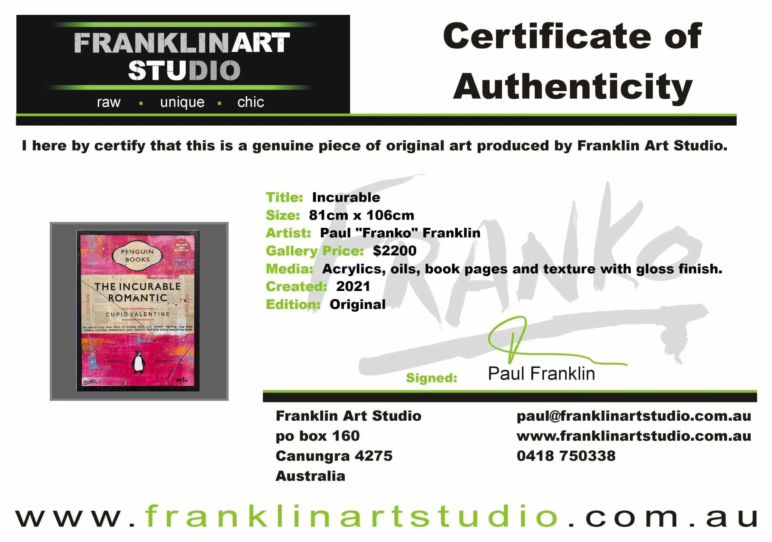 Incurable 75cm x 100cm The Incurable Romantic Urban Pop Book Club Painting With Custom Etched Frame (SOLD)