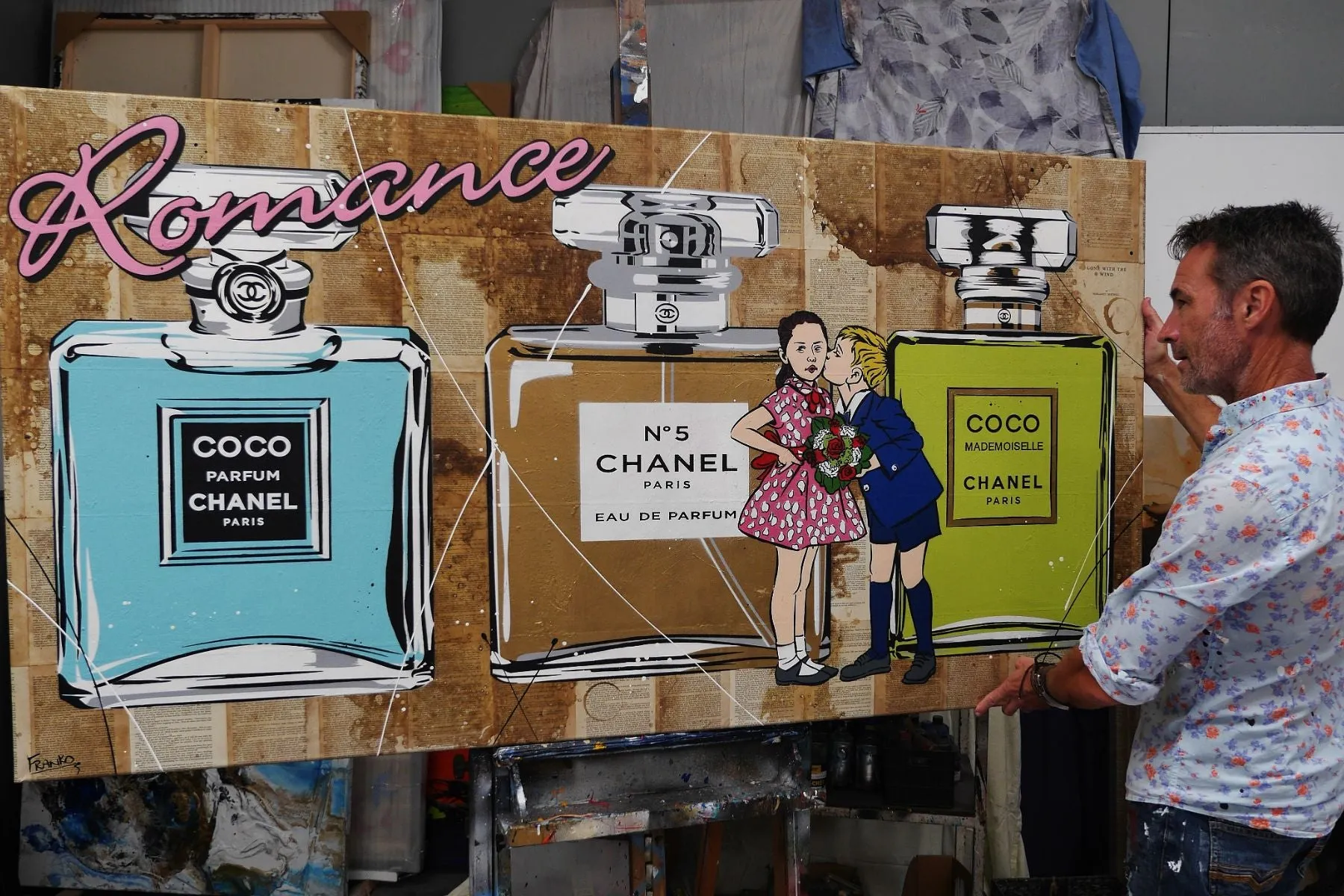 Le Kisses 190cm x 100cm Perfume Bottles Kissing Urban Pop Book Club Painting (SOLD)