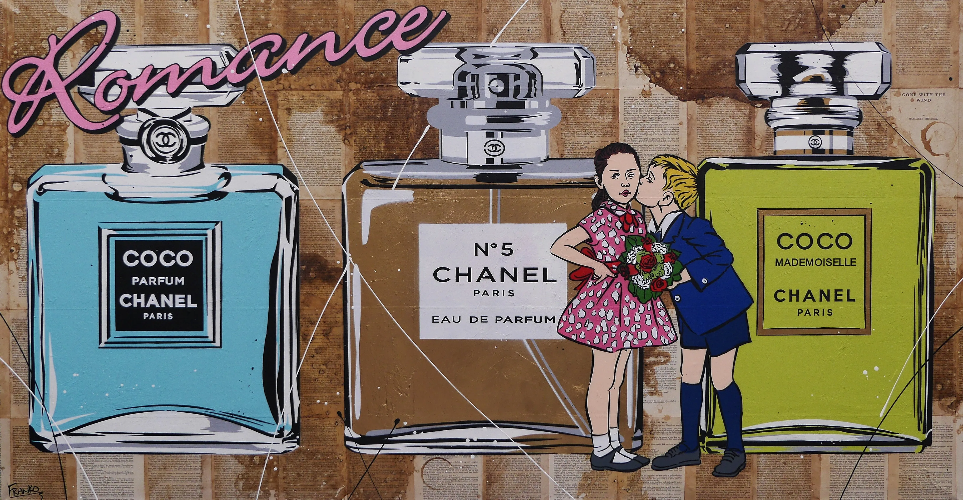 Le Kisses 190cm x 100cm Perfume Bottles Kissing Urban Pop Book Club Painting (SOLD)