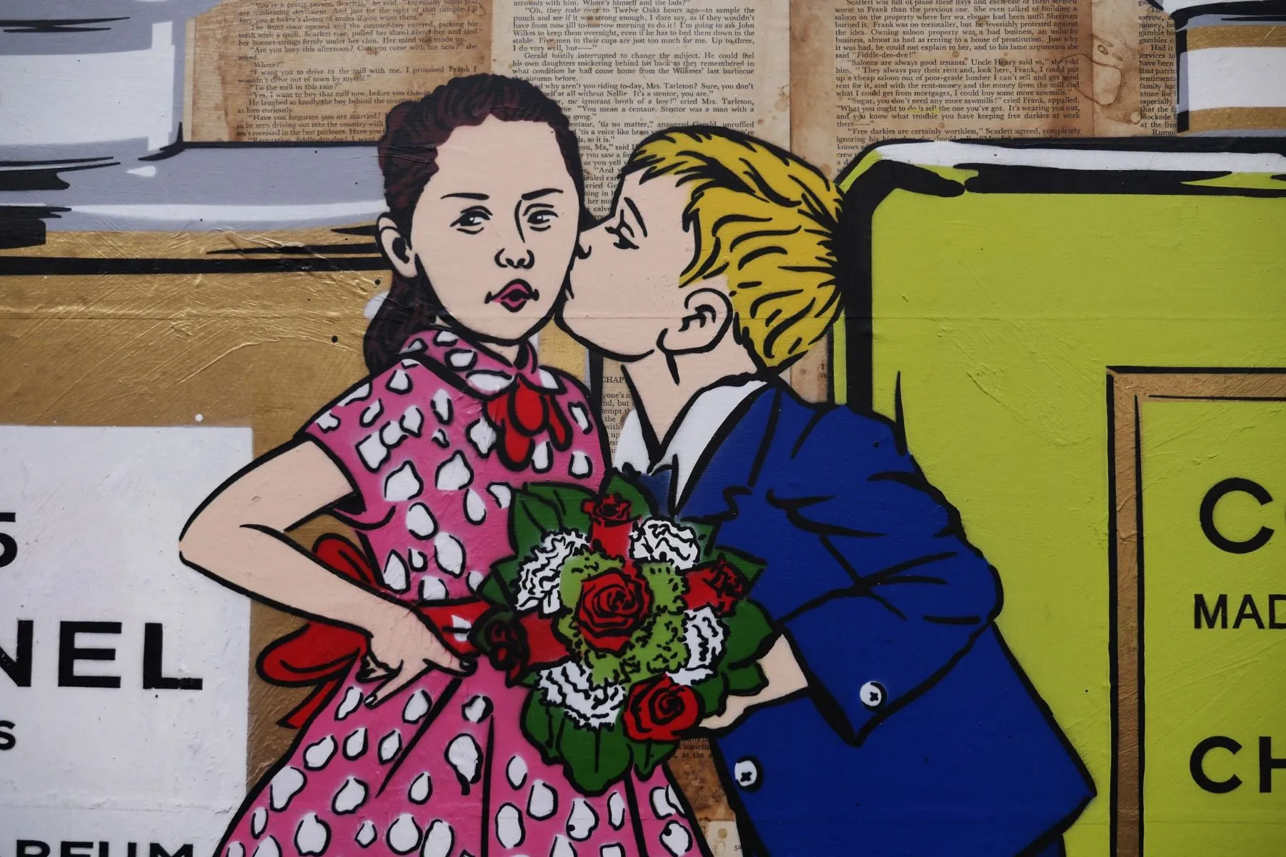 Le Kisses 190cm x 100cm Perfume Bottles Kissing Urban Pop Book Club Painting (SOLD)