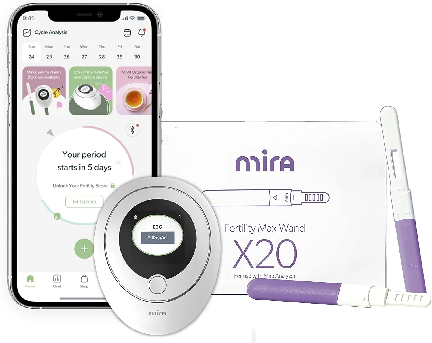Mira Fertility MAX Starter Kit, Predict & Confirm Ovulation   6 Day Fertility Window, Mira Analyzer, 20 Mira Max Wands to Track Actual E3G, LH, & Progesterone (PdG) Levels   Mira App Included
