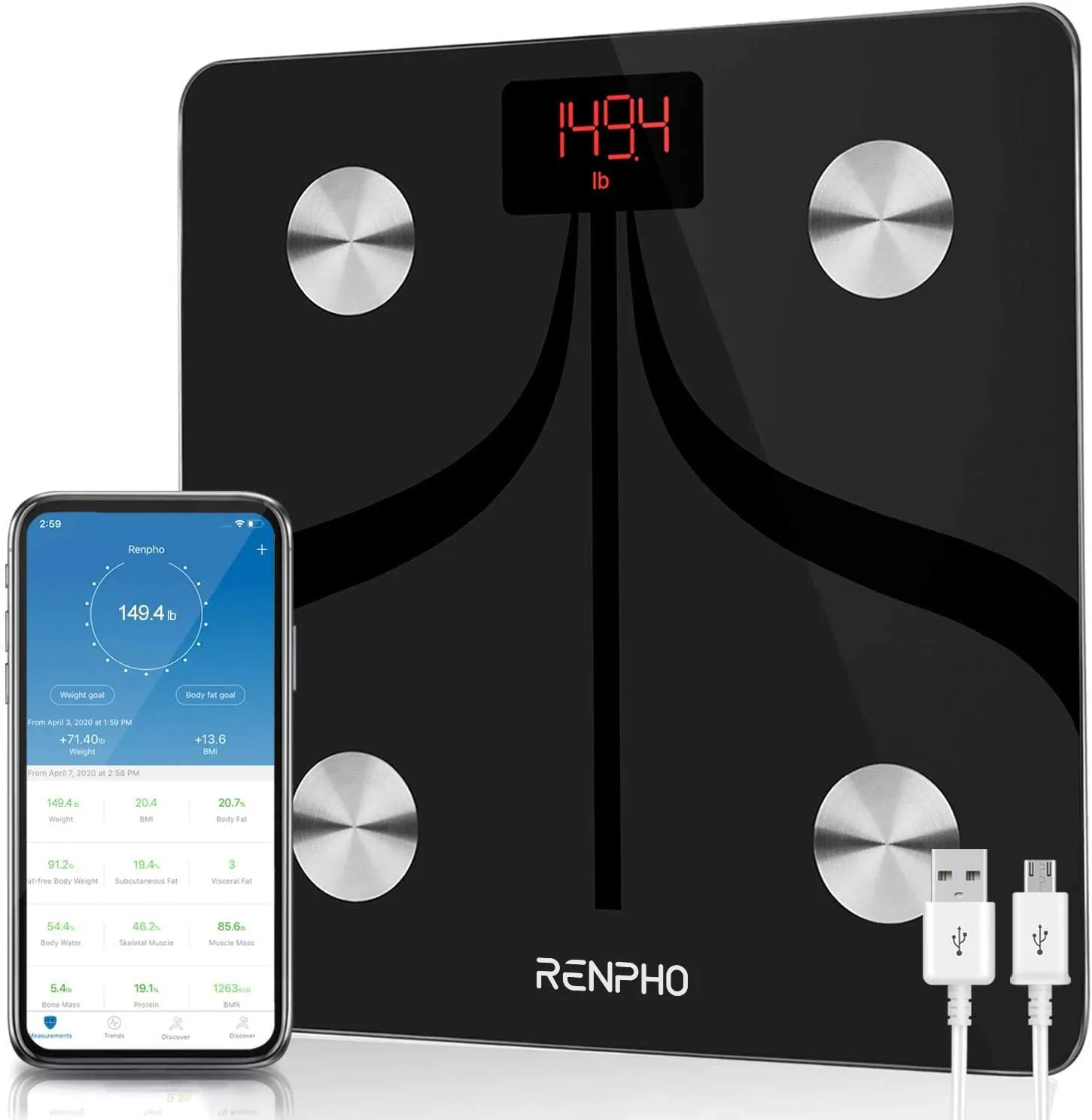 New RENPHO Bluetooth Body Fat Scale Weight Bathroom Smart Digital Scale USB Rechargeable with Smartphone App, Body Composition Monitor for Body Fat, BMI, Bone Mass, Weight, 396 lbs Black
