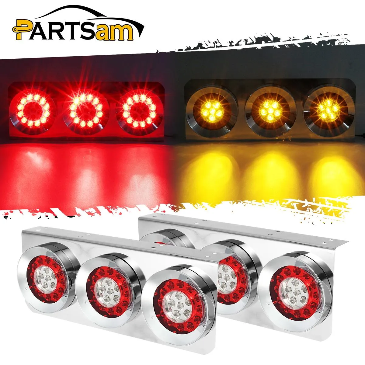 Partsam 2Pcs 54 LED Truck Trailer Tail Lights Bar with Chrome Iron Bracket Base Waterproof 24V 4 Inch Round Led Trailer Tail Lights Bar Stop Turn Signal Running Parking Lights Lamps RV Camper