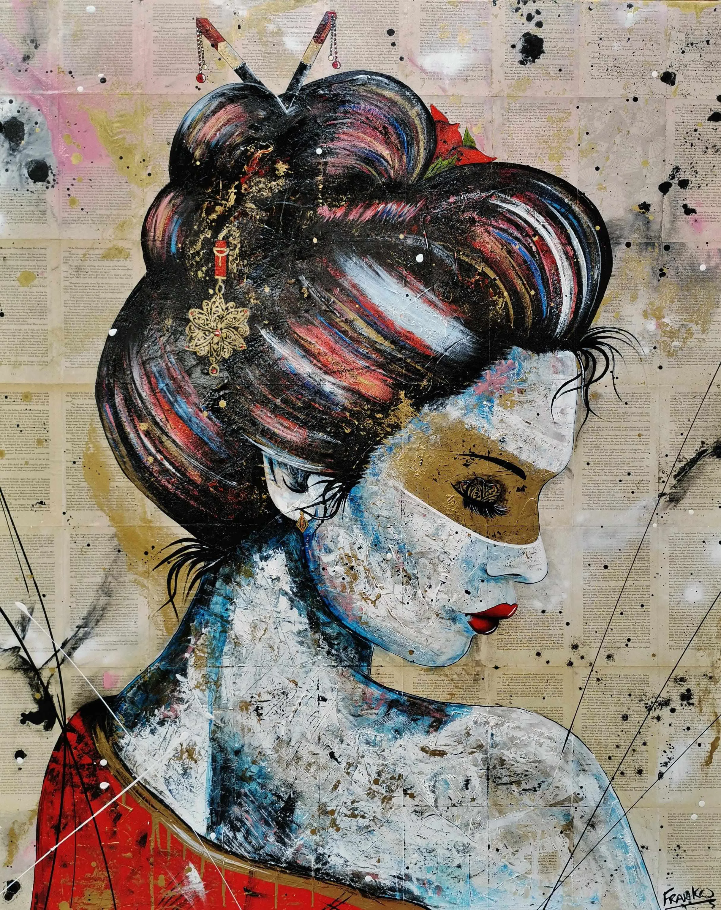Red Cherry Kimono Golden 120cm x 150cm Geisha Urban Pop Book Club Painting
