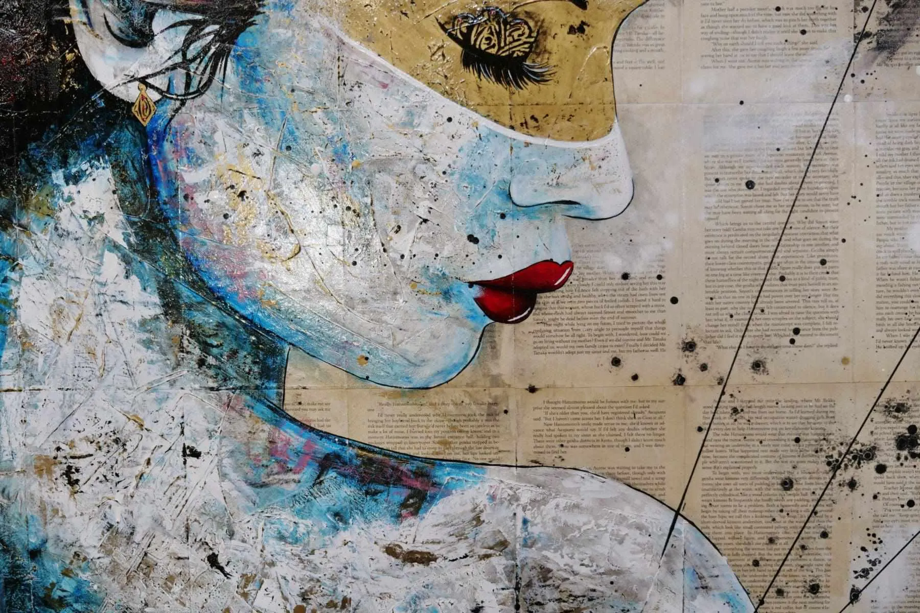 Red Cherry Kimono Golden 120cm x 150cm Geisha Urban Pop Book Club Painting