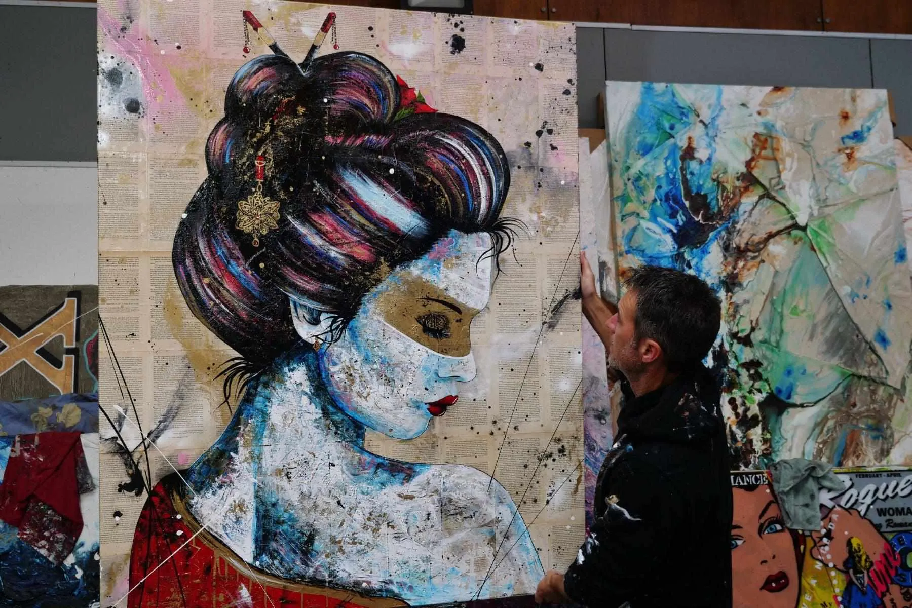 Red Cherry Kimono Golden 120cm x 150cm Geisha Urban Pop Book Club Painting