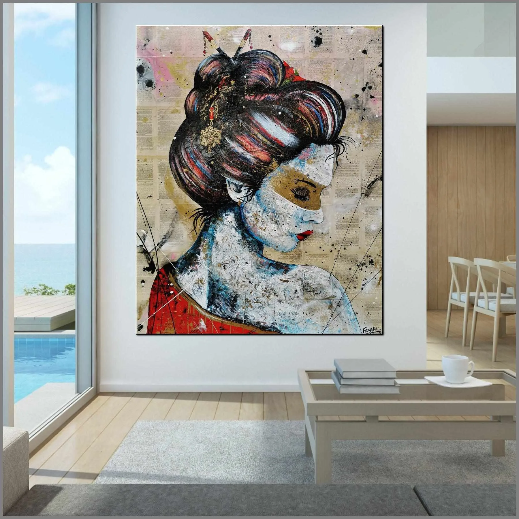Red Cherry Kimono Golden 120cm x 150cm Geisha Urban Pop Book Club Painting