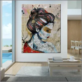 Red Cherry Kimono Golden 120cm x 150cm Geisha Urban Pop Book Club Painting