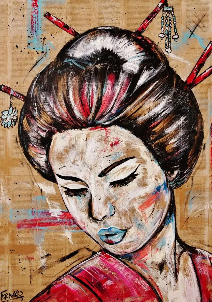 Rubine Geisha 140cm x 100cm Geisha Pink Vintage Book Pop art Painting (SOLD)