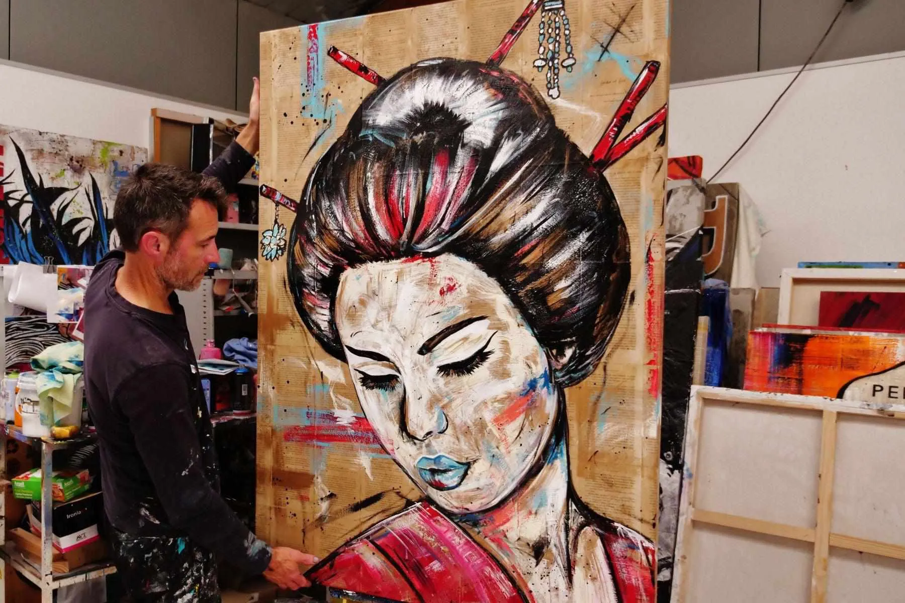 Rubine Geisha 140cm x 100cm Geisha Pink Vintage Book Pop art Painting (SOLD)