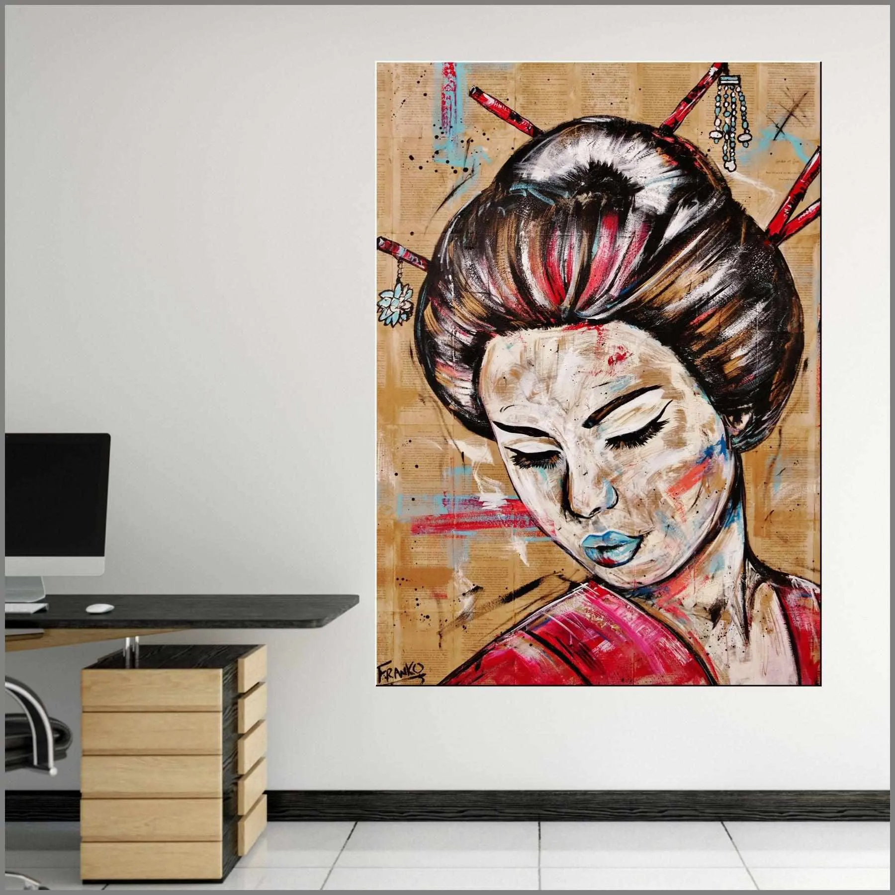 Rubine Geisha 140cm x 100cm Geisha Pink Vintage Book Pop art Painting (SOLD)