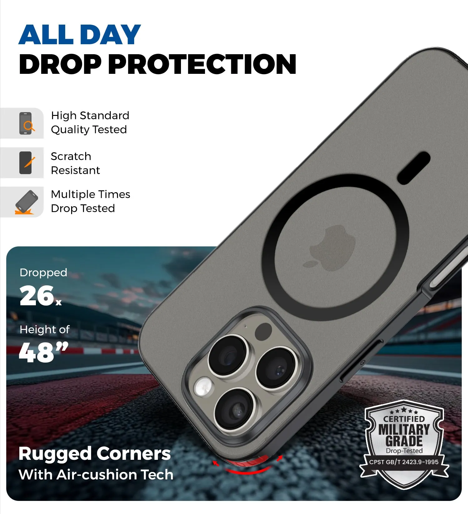 Rugged Frosted MagSnap Semi Transparent PC Shock Proof Slim Back Cover for Apple iPhone 16 Pro, 6.3 inch, Black