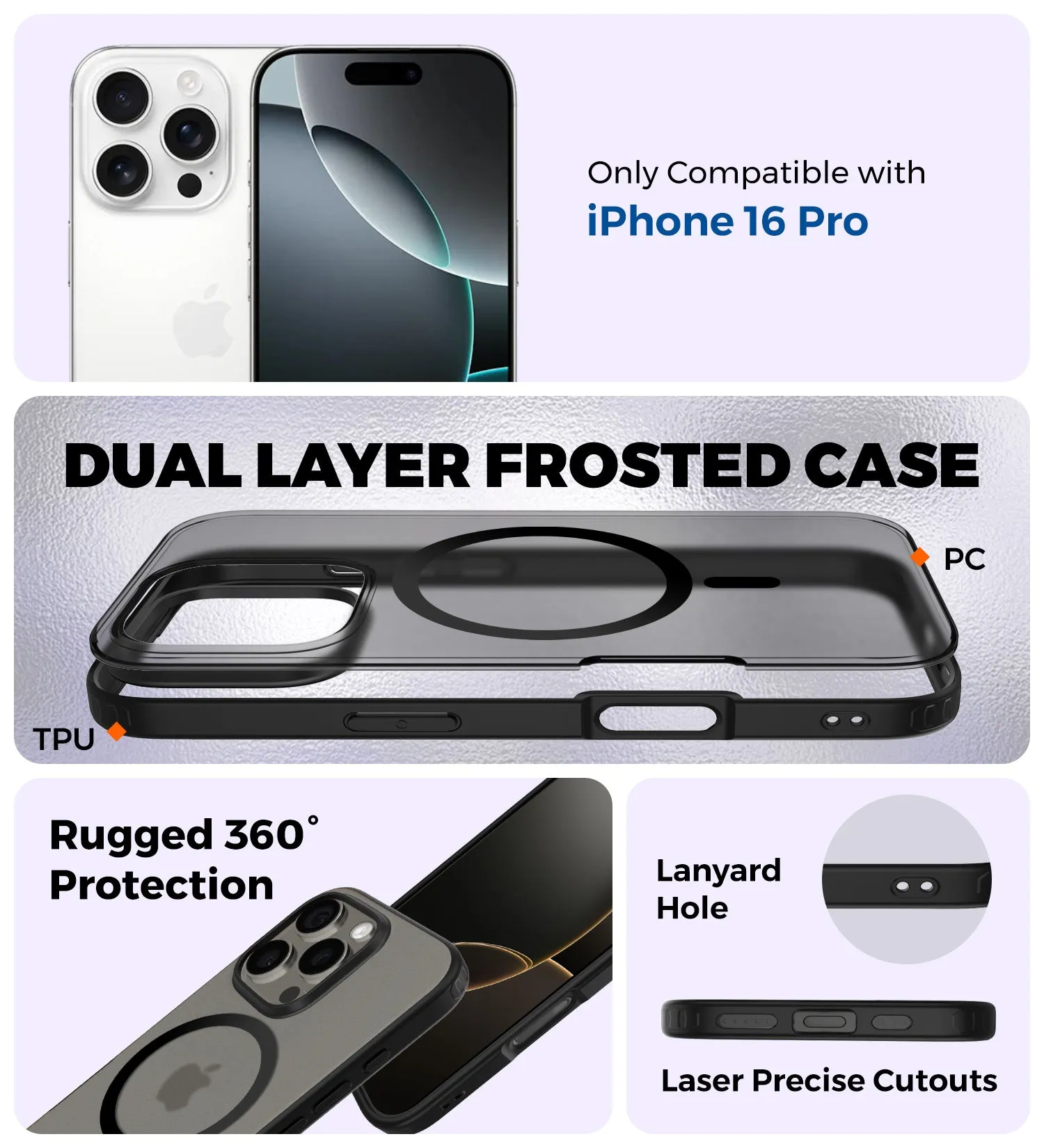 Rugged Frosted MagSnap Semi Transparent PC Shock Proof Slim Back Cover for Apple iPhone 16 Pro, 6.3 inch, Black