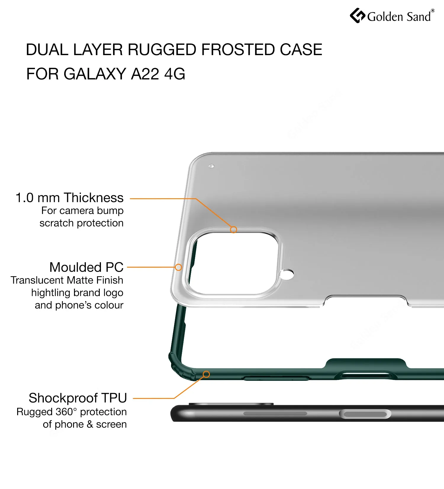 Rugged Frosted Semi Transparent PC Shock Proof Slim Back Case for Samsung Galaxy A22, 6.4 inch, Green
