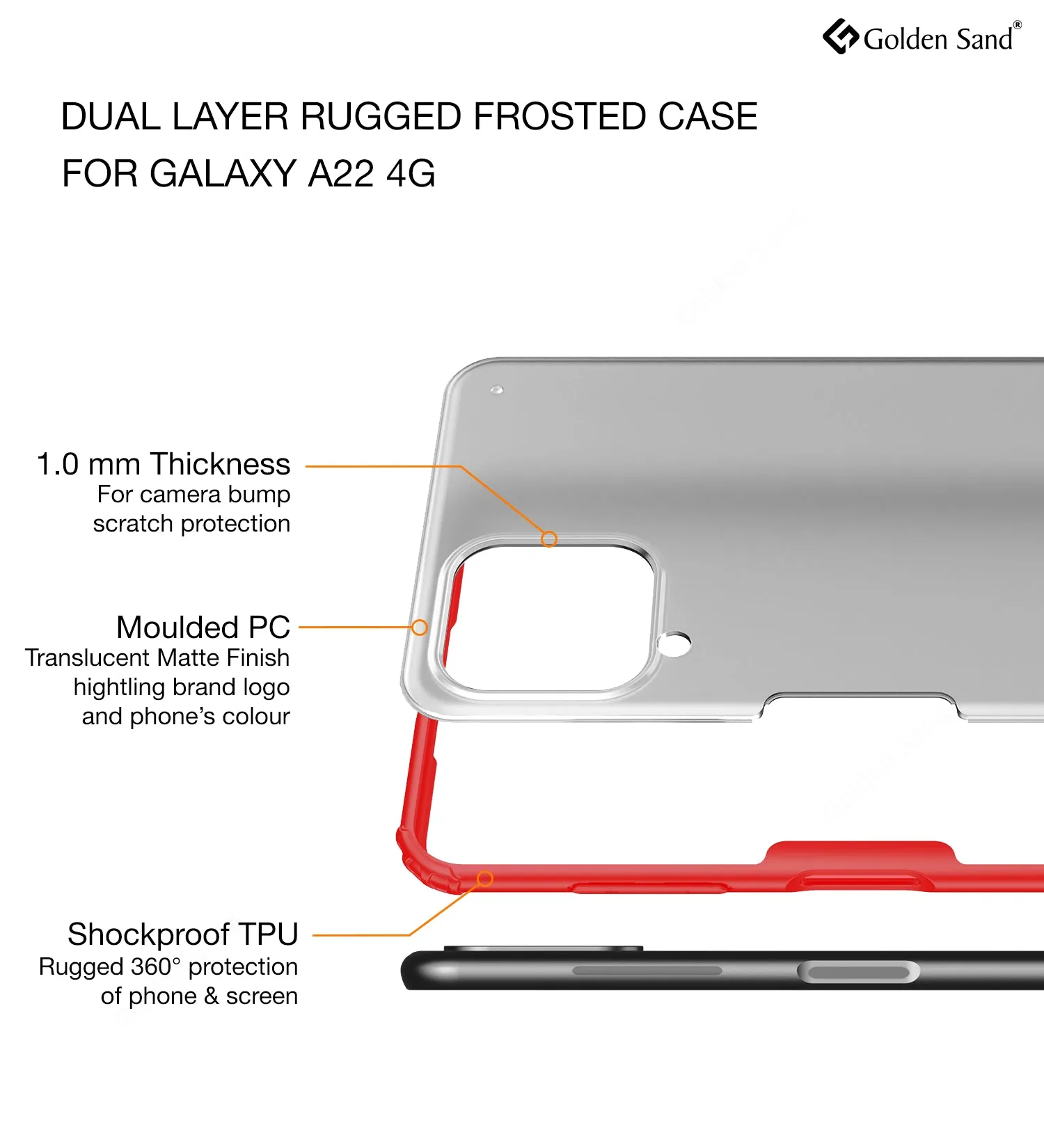 Rugged Frosted Semi Transparent PC Shock Proof Slim Back Case for Samsung Galaxy A22, 6.4 inch, Red