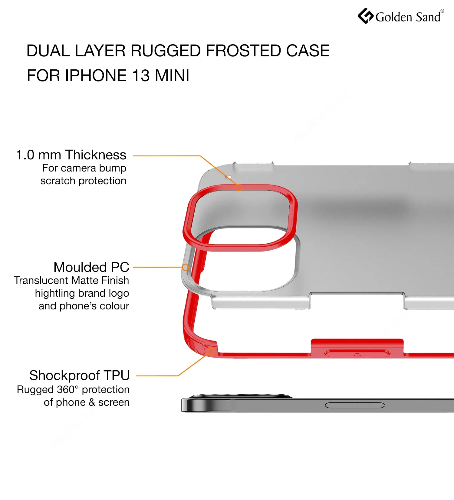Rugged Frosted Semi Transparent PC Shock Proof Slim Back Cover for Apple iPhone 13 Mini, 5.4 inch, Red