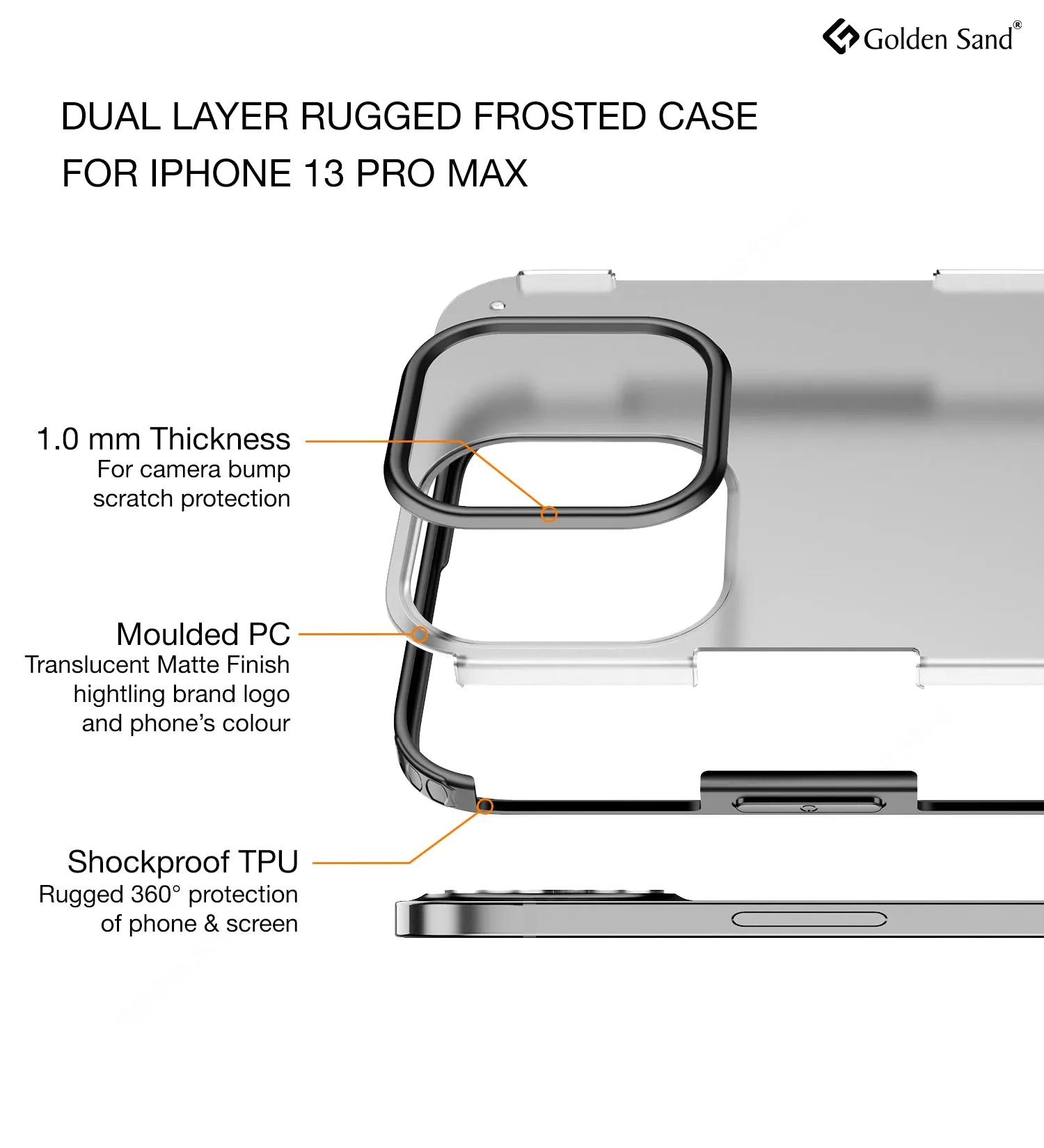 Rugged Frosted Semi Transparent PC Shock Proof Slim Back Cover for Apple iPhone 13 Pro Max, 6.7 inch, Black